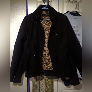 Black Rivet pea coat, black with animal print lining​